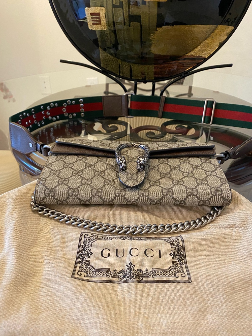 Gucci Beige/Brown GG Supreme Dionysus Bag. Silver Hardware/Chain  & Gucci Strap.